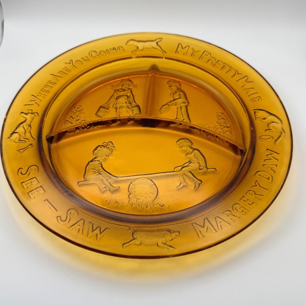 Tiara Amber Glass Nursery Rhyme Divided Plate and Bowl Vintage